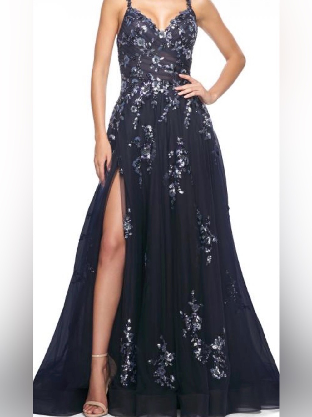 La Femme Navy Blue Floral Sequin Prom Gown with High Slit